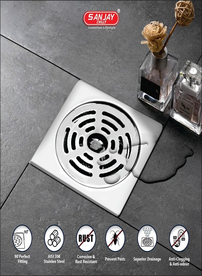 Sanjay Chilly SS Floor Drain with Hole (Pipe Insert) 304 Grade Kitchen Sink Top Cover Jali Luxurious Bathroom Gratings Water Drain Strainer Bathtub Laundry Square Ringo Gypsy - Silver - 5 x 5 INCH - Image 2